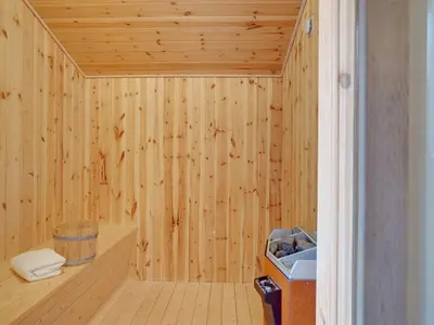 a sauna with wooden walls and a sink at Holiday Home Frida - 700m from the sea by Interhome in Fjerritslev