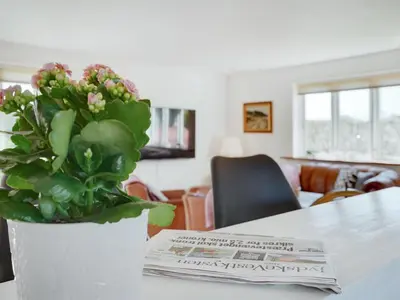 a potted plant sitting on a table with a newspaper at Holiday Home Bitta - 500m from the sea by Interhome in Fjerritslev
