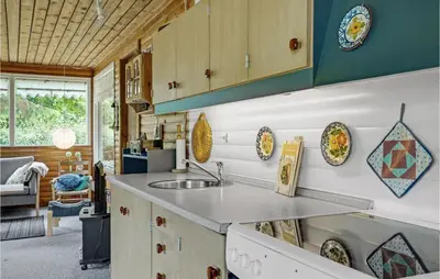 a kitchen with a sink and plates on the wall at Amazing Home In Nykøbing M in Hesselbjerg