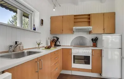 a kitchen with wooden cabinets and a white refrigerator at Awesome Home In Thisted With Kitchen in Thisted