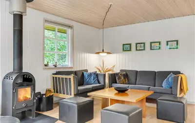 a living room with a couch and a wood stove at Amazing Home In Thyholm With Wifi in Thyholm