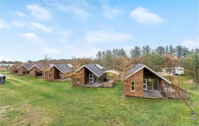 a row of log cabins on a grass field at Gorgeous Home In Hanstholm With Wifi in Hanstholm