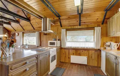 a kitchen with wooden walls and a wooden ceiling at 4 Bedroom Pet Friendly Home In Løgstør in Løgstør