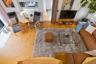 an aerial view of a living room with a couch at Beautiful Home In Blokhus With 1 Bedrooms in Blokhus