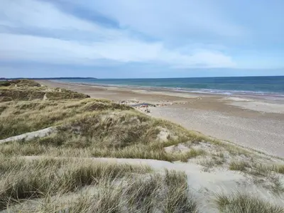 a view of a beach with sand and the ocean at Tranum Klit Camping og Hytteudlejning in Brovst